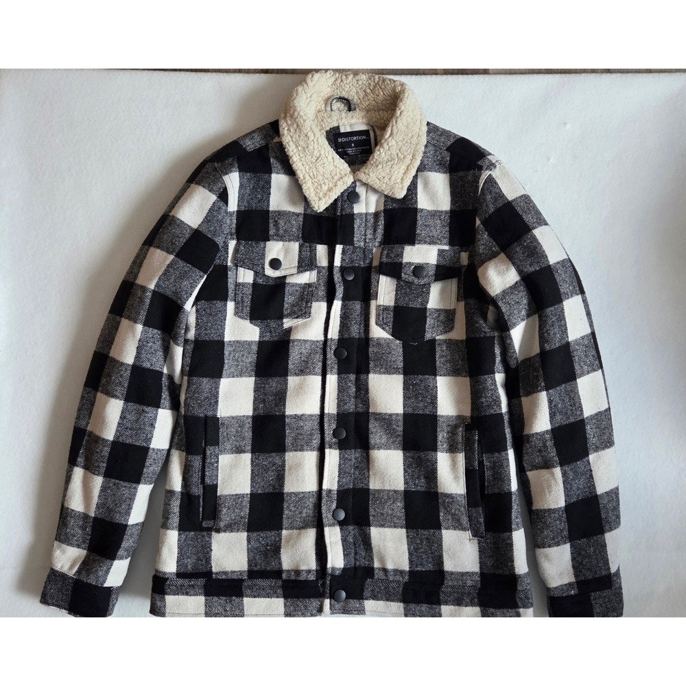 Distortion Black White Buffalo Plaid Sherpa Lined Trucker Jacket Small NWT - Picture 3 of 8